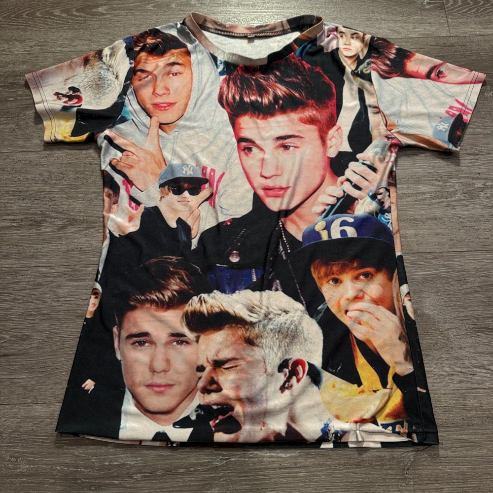 Justin Bieber Shirt Womens M Multi Color AOP All Over Print Graphic Tee Y2K
